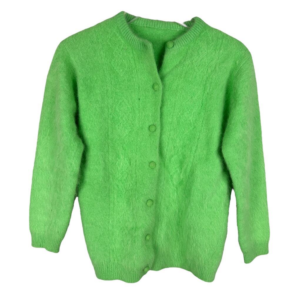 Vintage 60s Green Long Sleeve Button Front Collared Mohair Blend Cardigan XS